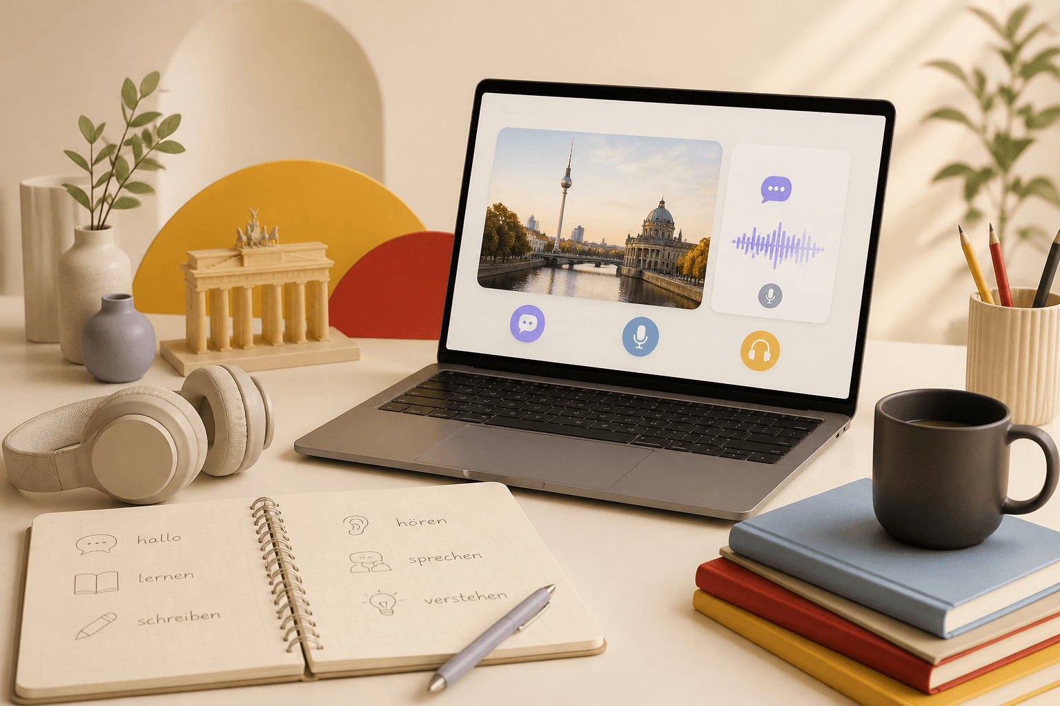 Робоче місце для онлайн-вивчення німецької з ноутбуком, навушниками та нотатником